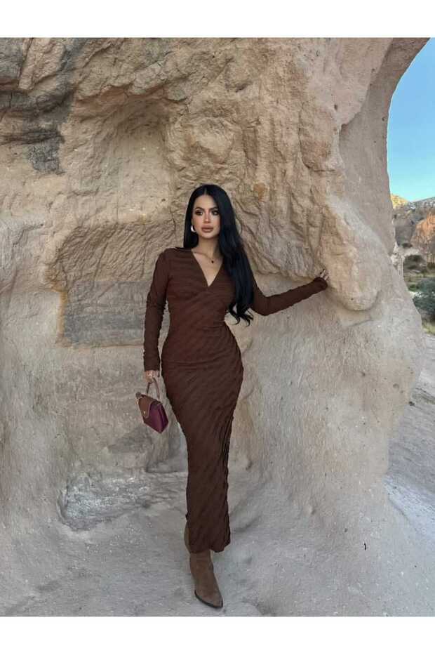 V-Neck Long Sleeve Maxi Length Stretchy Stretch Fabric Plain Elegant Tassels Dress