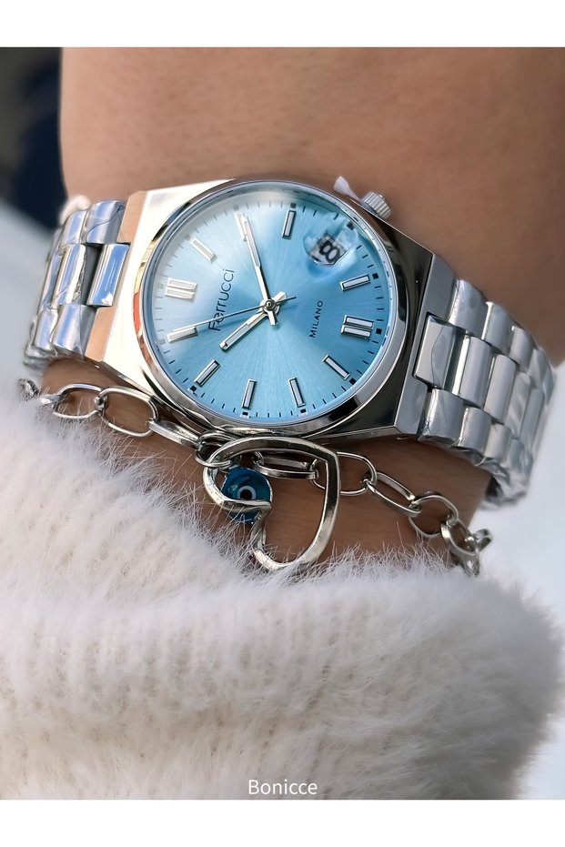 Women's Wristwatch, Yellow Steel Band, Blue Dial, Calendar, Bracelet Gift