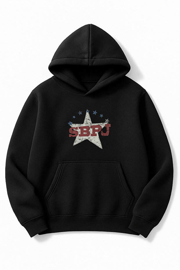 سويت شيرت أسود قصة فضفاضة للجنسين SBPJ مطبوع بغطاء رأس