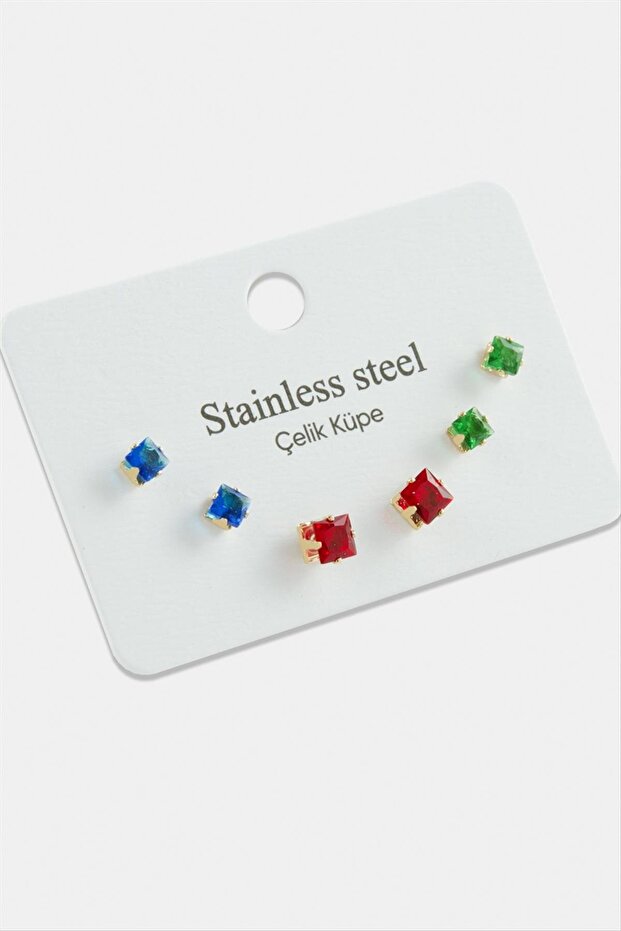 6 Pieces Square Colorful Zircon Single Stone Steel Earrings