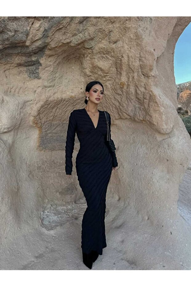 V-Neck Long Sleeve Maxi Length Stretchy Stretch Fabric Plain Elegant Tassels Dress