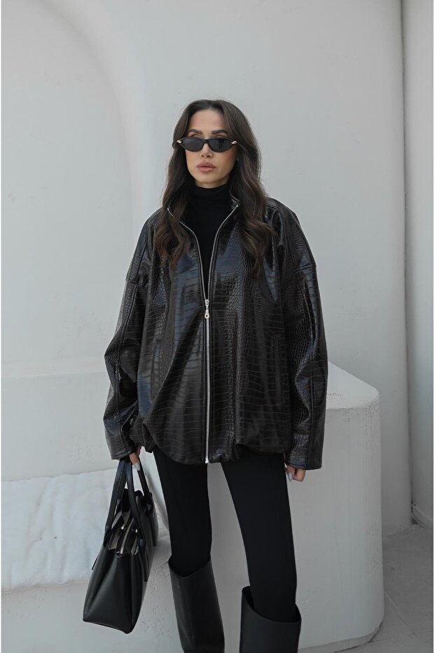 Bitter Brown Croco Pattern Leather Jacket - 1