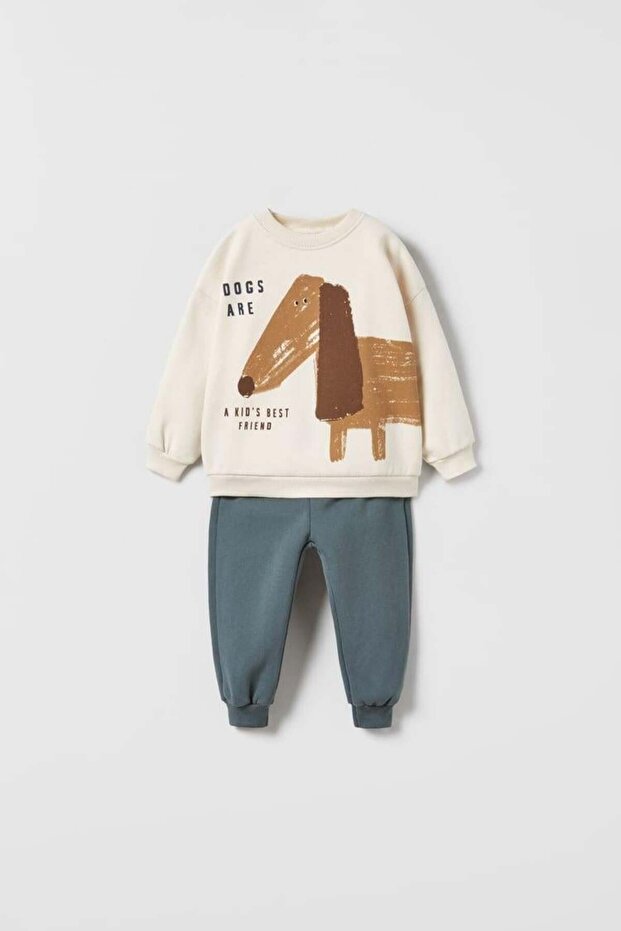 Boys' Cotton Cream Dog Print Sweatshirt and Blue Sweatpants Set - Soft Fabric Comfort