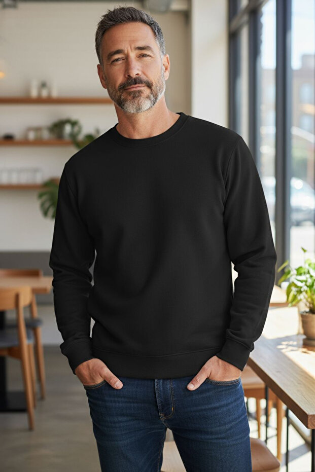 سترة رياضية أساسية للرجال بثلاث خيوط - مع بطانة من الصوف - ياقة مستقيمة - 1