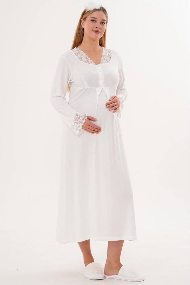 Women's Ecru Lace Long Sleeve Special Design Maternity Nightgown with Hidden Nursing Feature
