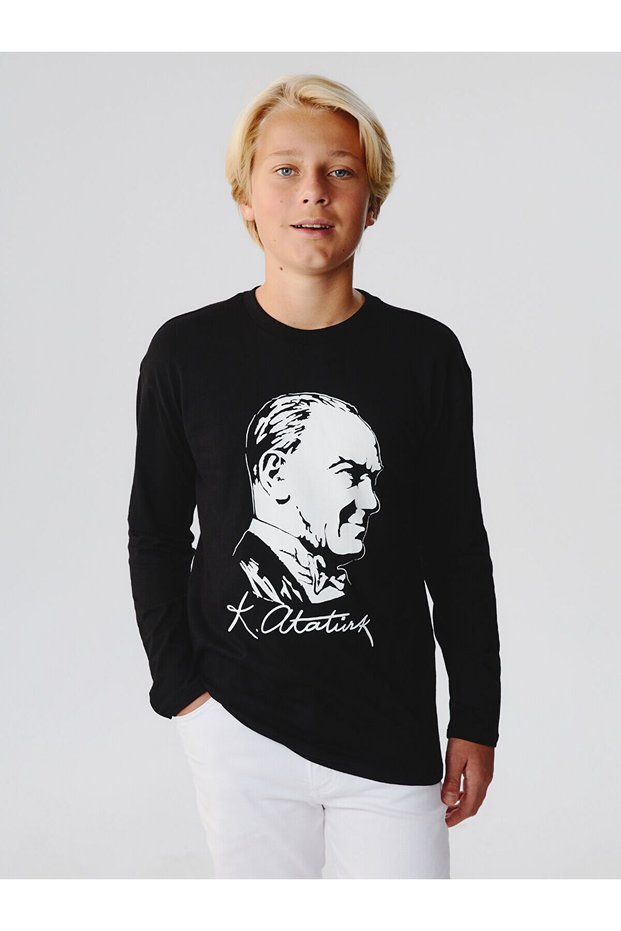 Elsiva Collection Black Crew Neck Ataturk Printed Boys' T-Shirt