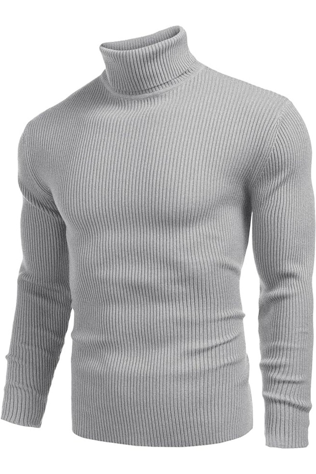Men's Gray Turtleneck Slim Fit Knitwear Sweater – Basic Flexible Winter Model