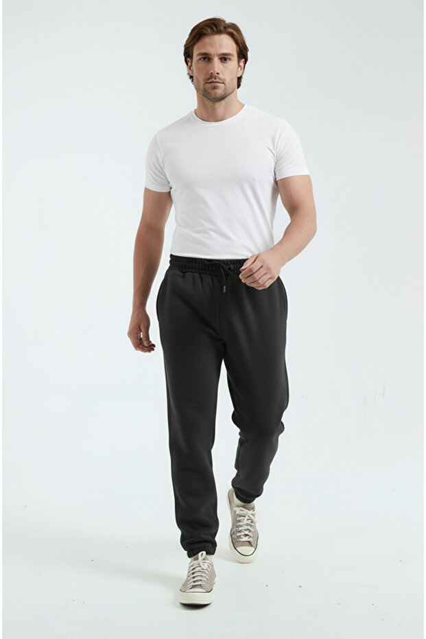 Black Men's Regular Sweatpants with Elasticated Cuffs, 3 Thread Soft Cotton Fabric