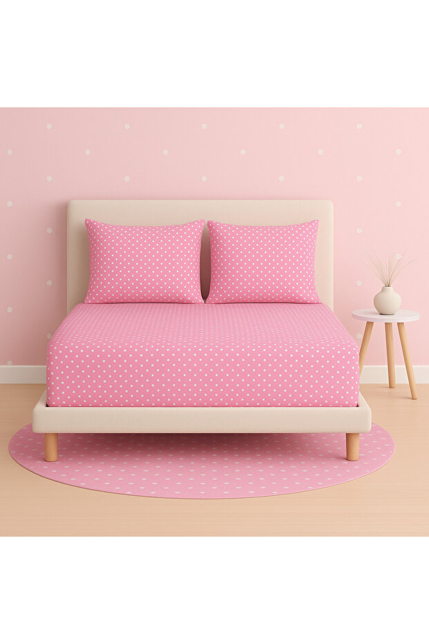 ملاءة مطاطية مزدوجة منقوشة بنقاط البولكا دوت وغطاءين للوسائد - 1
