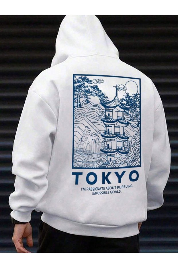 Unisex Oversize Tokyo Printed Hooded White Sweatshirt