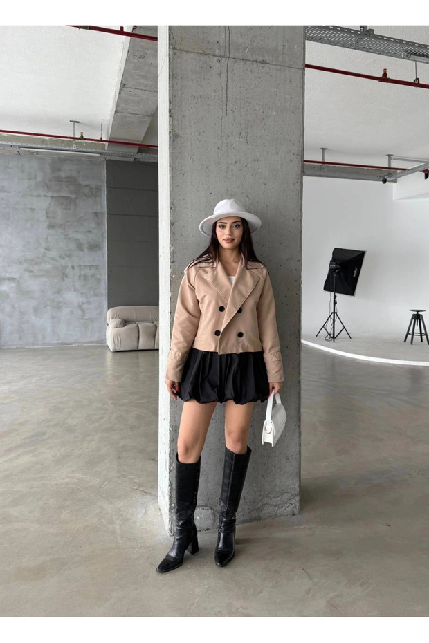 Çift Düğmeli Kısa Trenç Vizon - 1