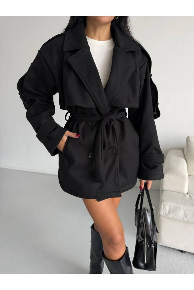 Lined Buttoned Waist-Tied Women's Cashmere Trench Coat