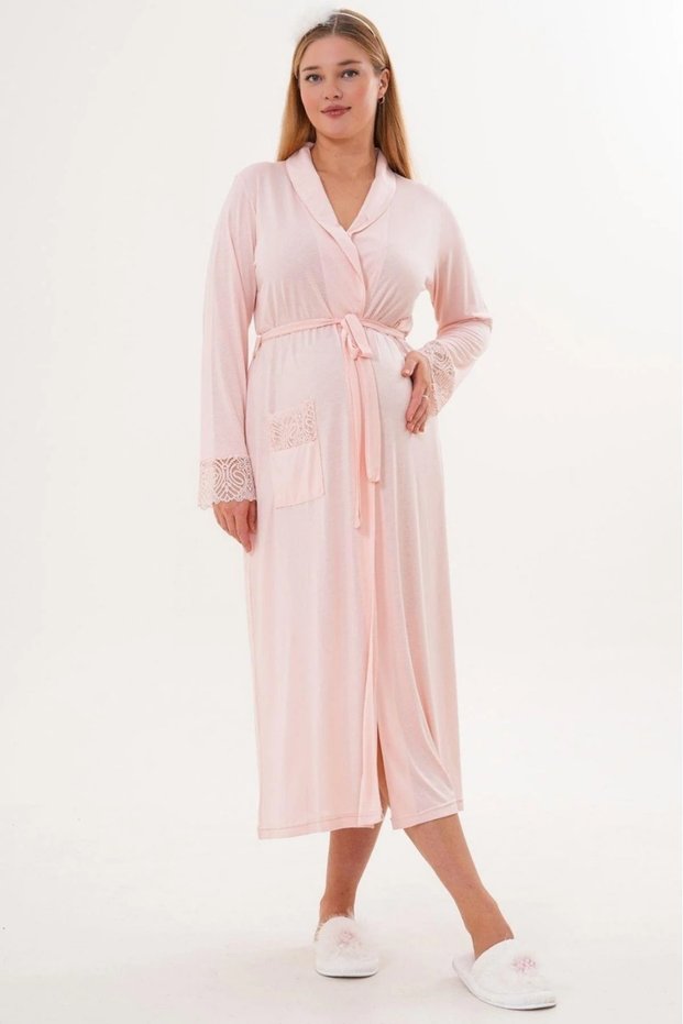 Women's Powder Shawl Collar Pocketed Belted Special Design Lace Detailed Cotton Stretchy Dressing Gown