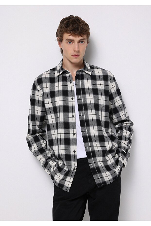 Regular Fit Shirt Neck Plaid Men's Black Long Sleeve Shirt
