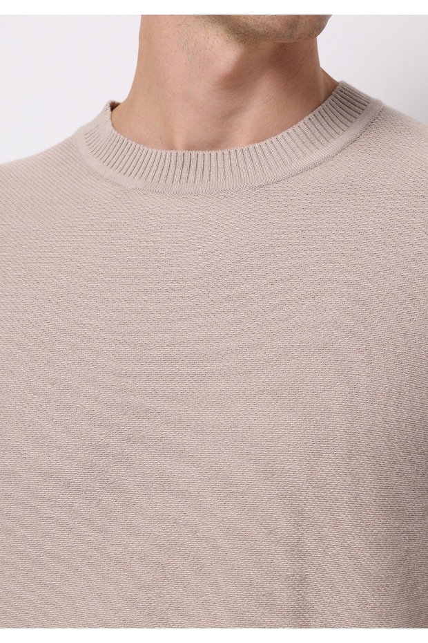 Regular Fit Yuvarlak Yaka Jakarlı Erkek Bej Kazak - 4