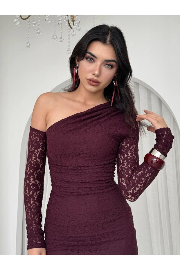 Bees Tek Omzu Açık Dantel Midi Elbise - 1