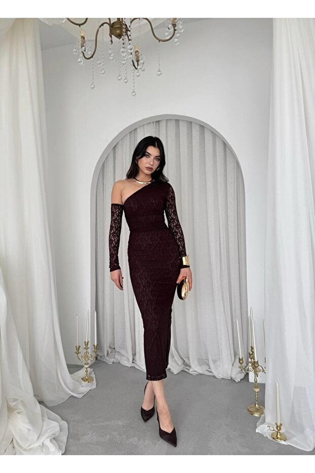 Bees Tek Omzu Açık Dantel Midi Elbise - 9