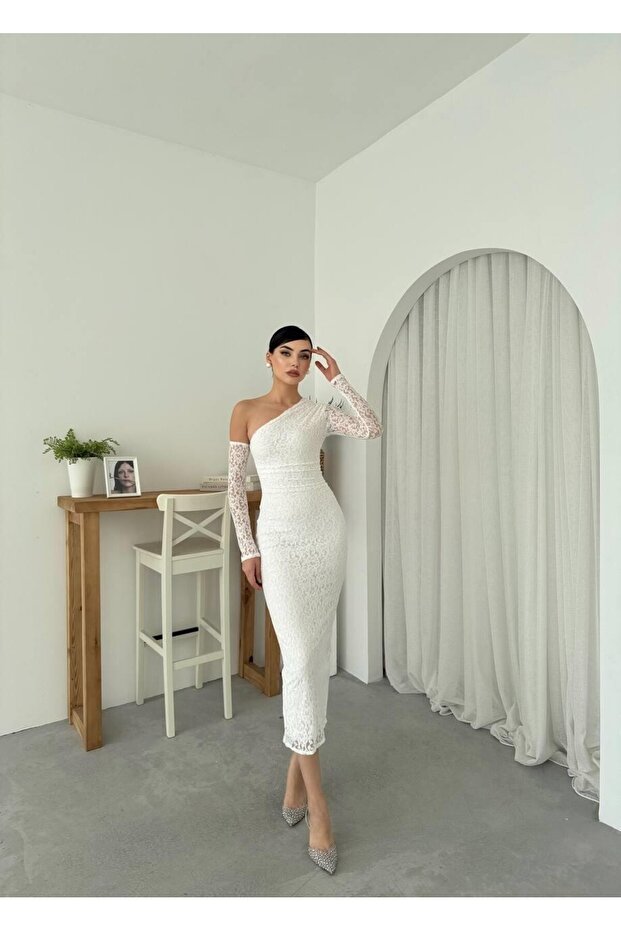 Bees Tek Omzu Açık Dantel Midi Elbise - 4