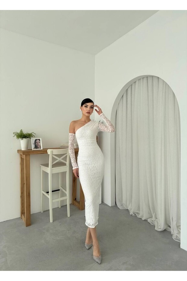 Bees Tek Omzu Açık Dantel Midi Elbise - 3