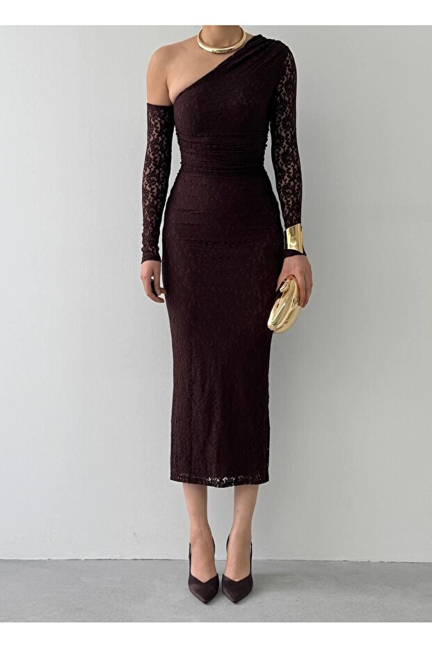 Bees Tek Omzu Açık Dantel Midi Elbise - 3