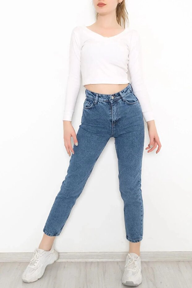 Lina Snow Blue Mom Jeans High Waist Comfortable Boyfriend
