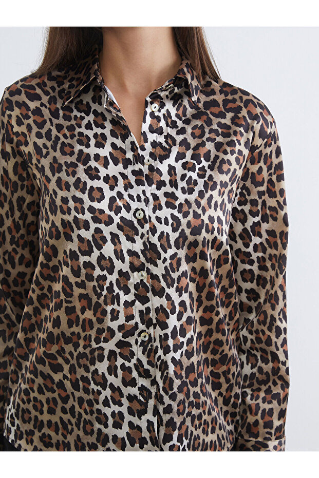 Black Leopard Patterned Satin Women's Shirt - 3