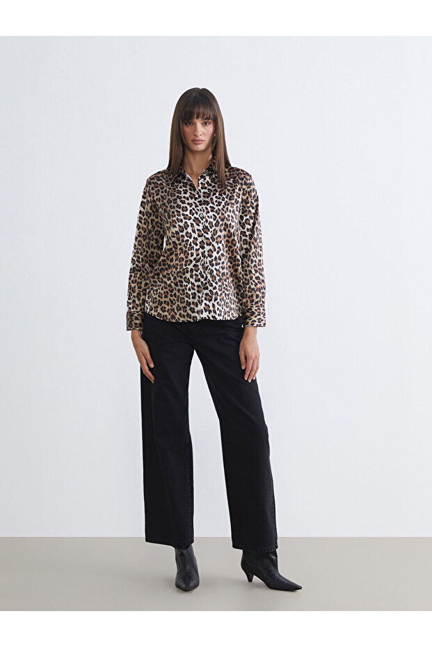 Black Leopard Patterned Satin Women's Shirt - 2