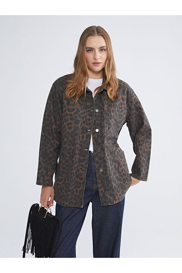 Vizyon New Season Leopard Patterned Belted Women's Jean Jacket