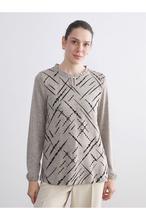 Beige Ruffled Mock Neck Patterned Blouse