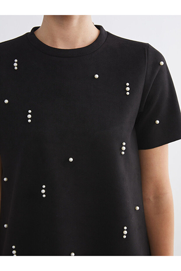 Bisiklet Yaka İnci İşlemeli Elbise - 3