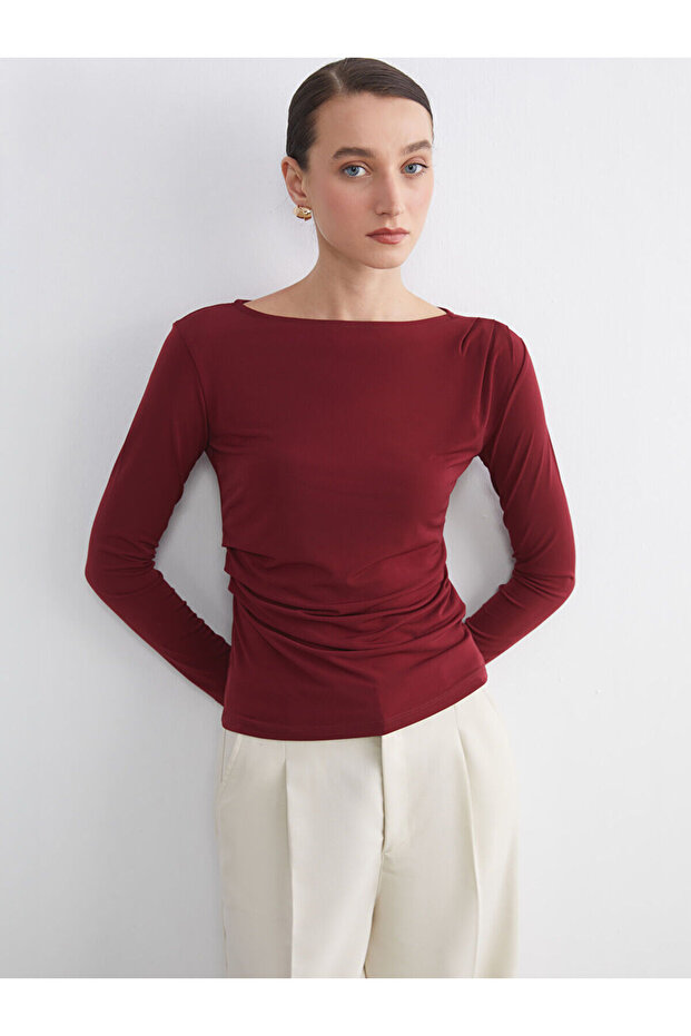 Boat Neck Gathered Blouse
