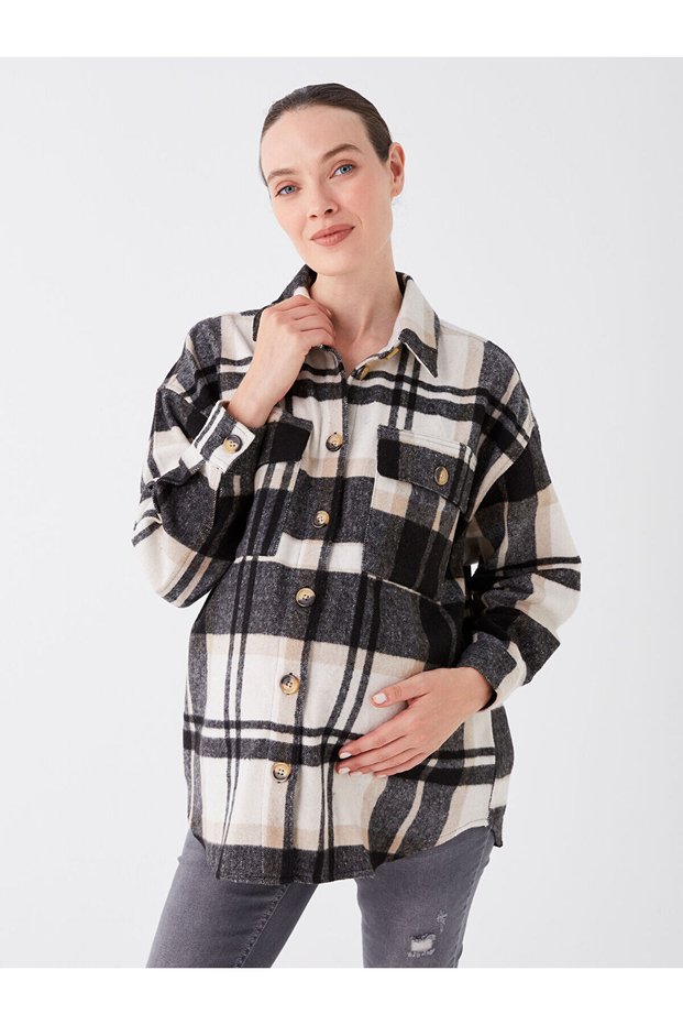 Gencc Quality with Lcwaikiki Maternity Black Flannel Plaid Loose & Baggy Women's Shirt Jacket