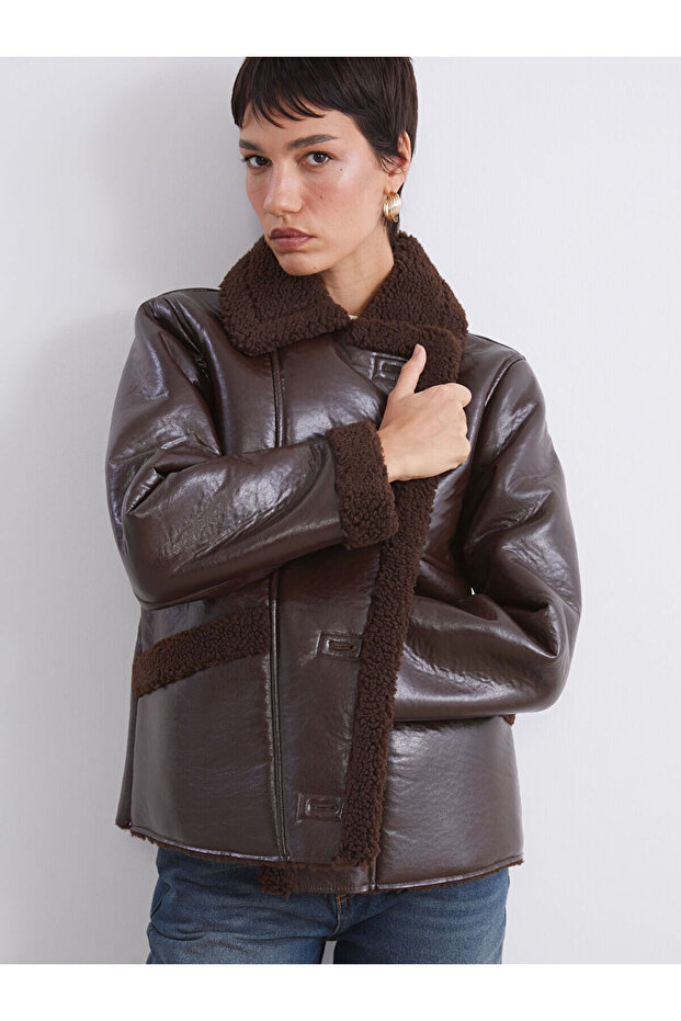 Lcw Vision Brown Plush Shirt Collar Women's Leather-Look Coat