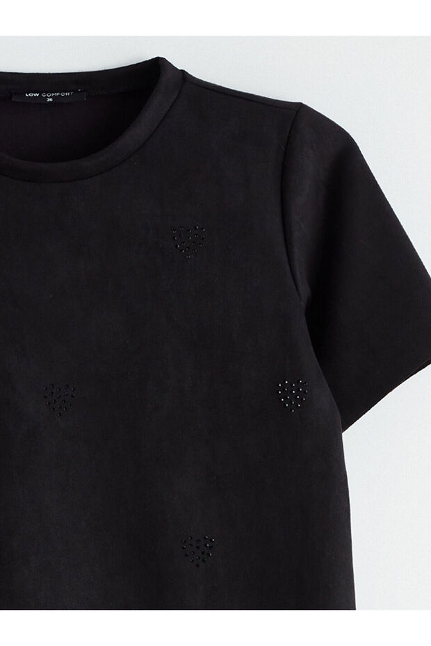 Bisiklet Yaka Taşlı Süet Mini Elbise - 5