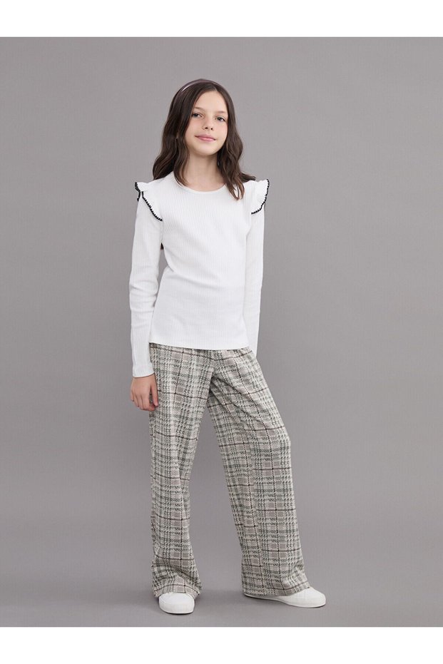 Lcw Kids Beige Elastic Waist Plaid Girls' Trousers W5G724Z4