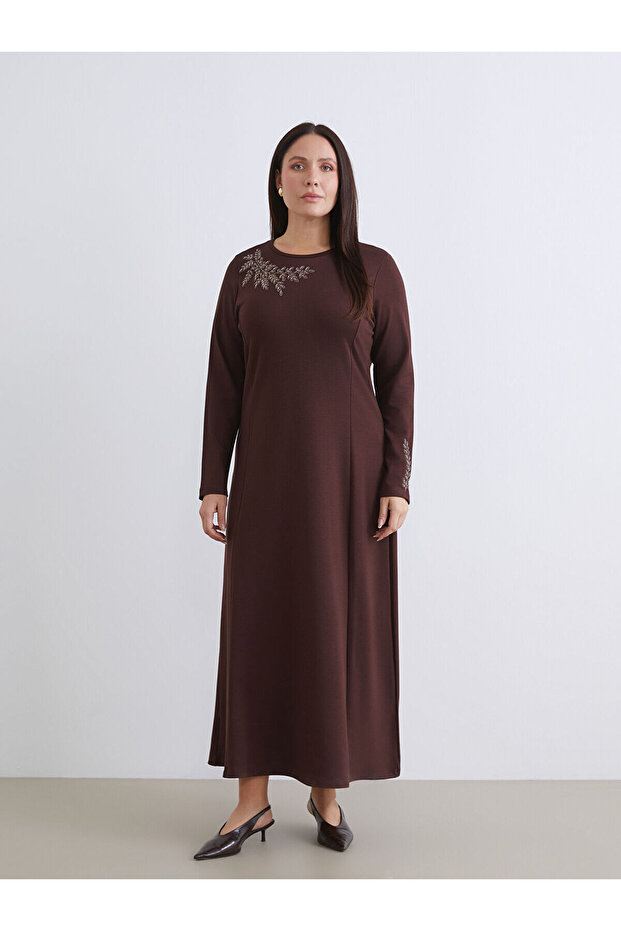 Bisiklet Yaka A Kesim Çiçek Nakışlı Elbise - 2