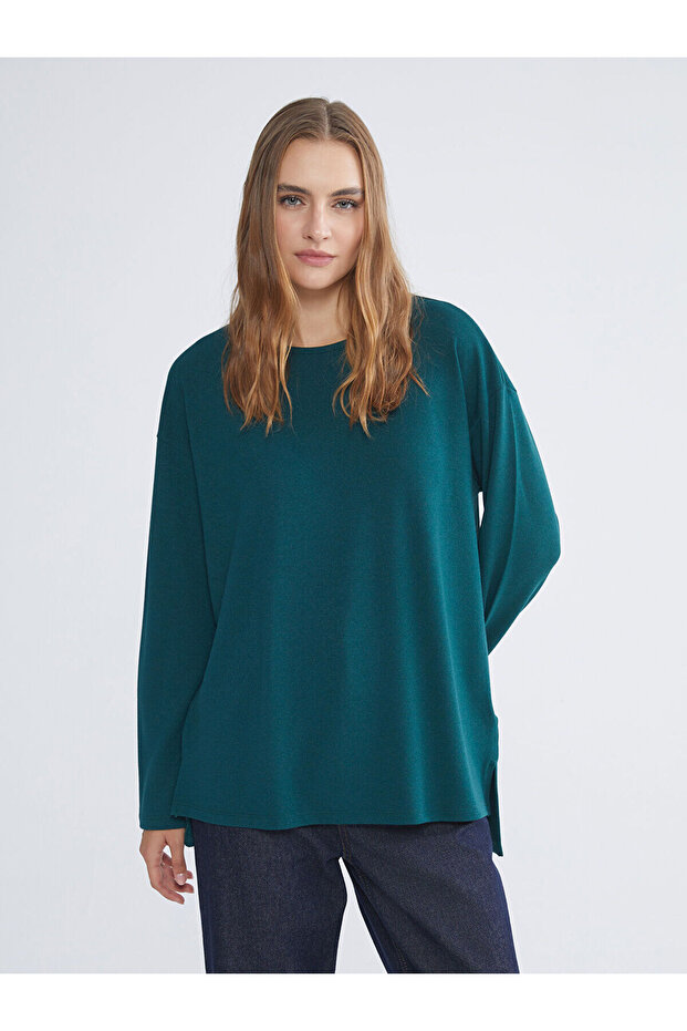 Two Mt Shop Quality Lcw Everyday Green Combed Cotton Plain Oversize Long Sleeve Women's T-Shirt