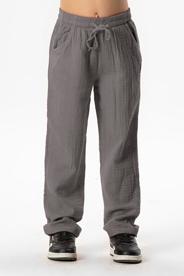 Elastic Waist Muslin Pocket Summer Children's Pants Gray Gray
