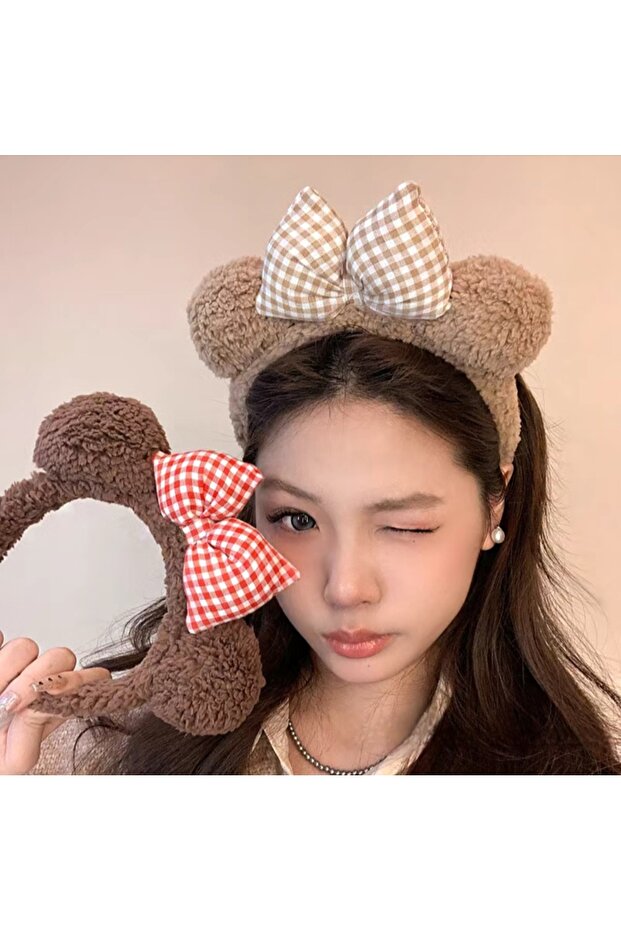 Beige Color Fleece Plush Crown with Fluffy Gingham Bow Detail and Panda Ear Figure