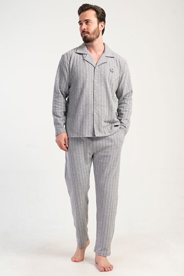 Men's Grey Color Front Buttoned Long Sleeve Shirt Collar Jacquard Pajama Set C7T0N0105