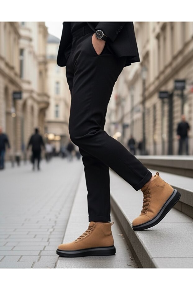 BA0713 Bağcıklı Yüksek Taba Süet Siyah Taban Erkek Tarz Spor Bot - 2