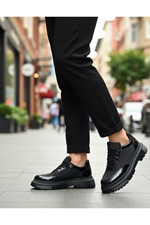 BA0243 Bağcıklı Rugan Paraşüt Detaylı Yüksek Siyah Taban Erkek Ayakkabı - 3
