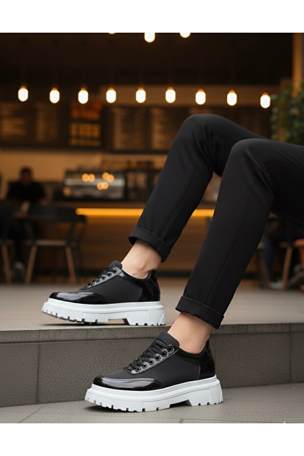 BA0243 Bağcıklı Rugan Paraşüt Detaylı Yüksek Taban Siyah Erkek Ayakkabı - 2