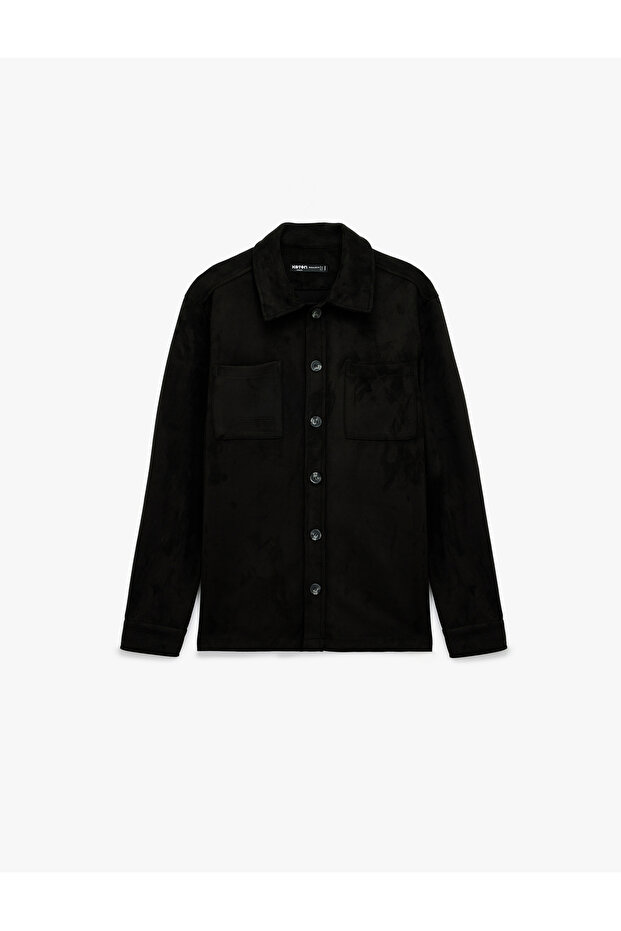 Regular Fit Long Sleeve Pocket Detail Classic Collar Faux Suede Shirt