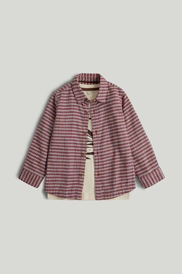 Brown Checked Shirt and T-Shirt Set