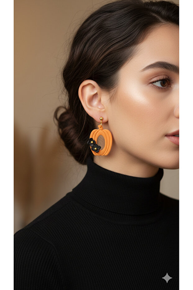 Nocturna Bloom Handmade Polymer Clay Earrings – Halloween Concept Orange Black Flower Design
