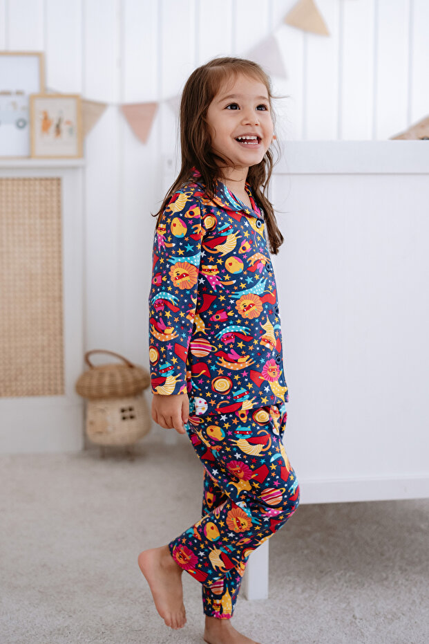 Front Buttoned Children's Pajama Set with Space Pattern, Ages 2-6 - 3