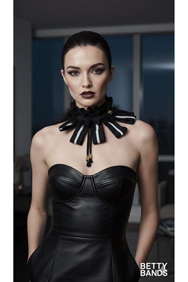 Women's Black Ruffled Choker Necklace – Trendy Neck Accessory with Ribbon and Tassel Detail