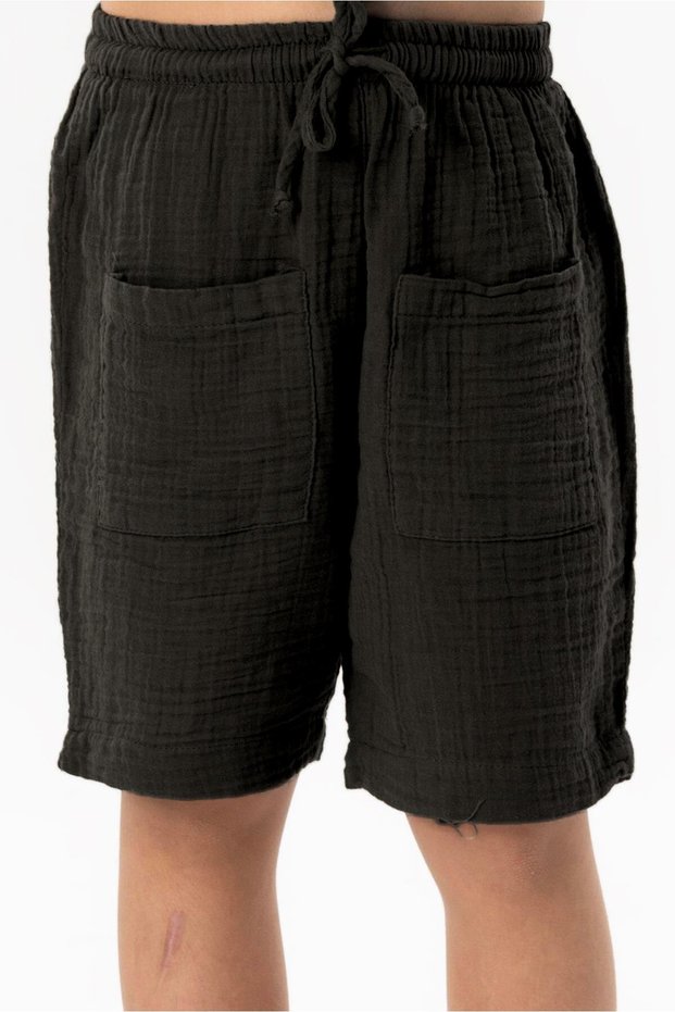 Western Pocket Detailed Summer Muslin Boys Shorts Black Syh