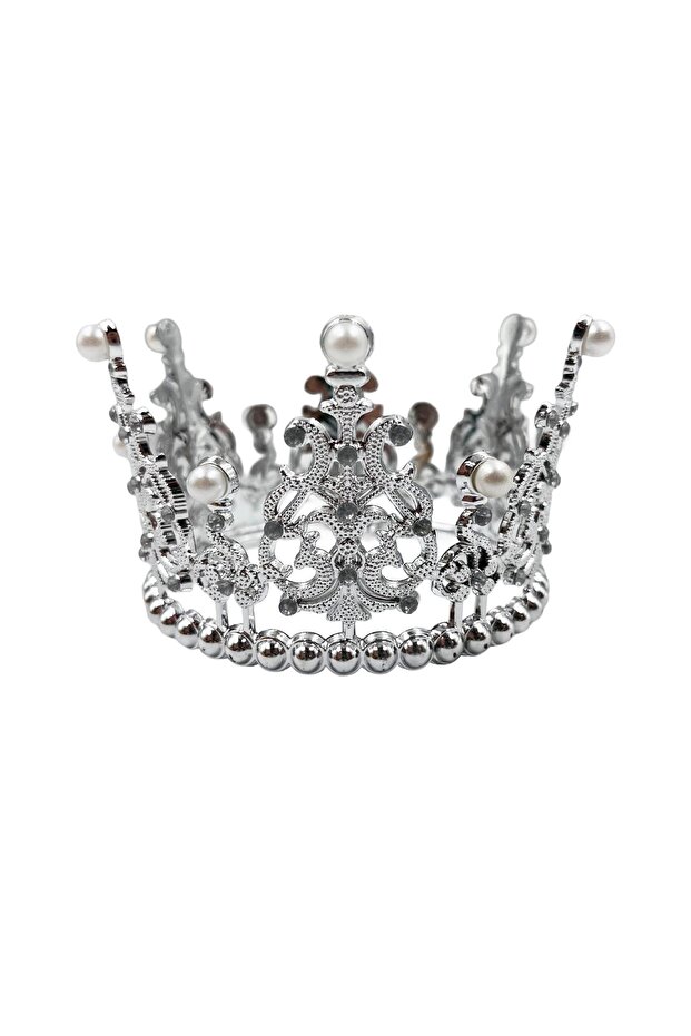 Pasta Crown Full Round Silver Color Metal Crown with Stones Accessory 11 cm